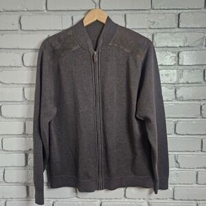 Cutter & Buck Mens Sweater Large Merino Wool Leather Cardigan Brown Full Zip